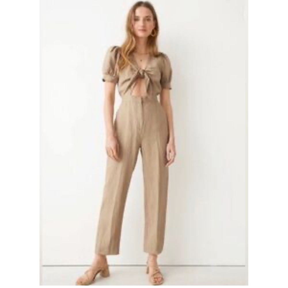 & Other Stories Linen Blend‎ Tie Front Jumpsuit Tan Beige Puff Sleeve Wide Leg